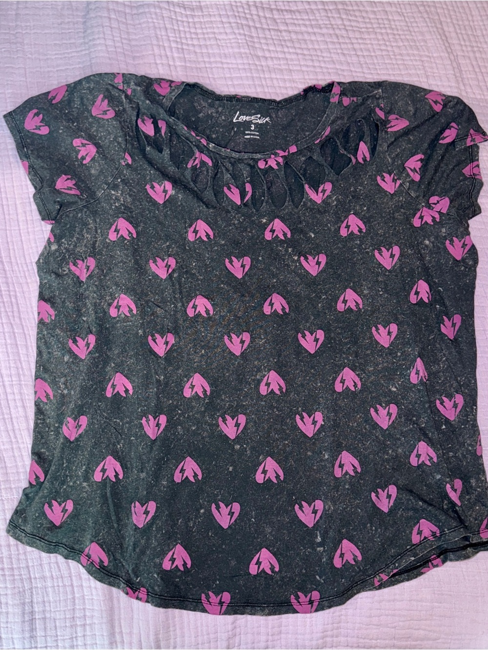 Lovesick Dark Heather Tee with Fuchsia Heart Accents- cutout detail at neckline